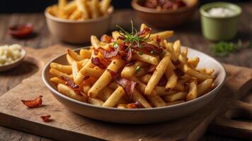 Cheese fries with bacon bits and chives on wooden surface. photo