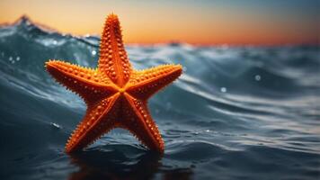 Bright orange starfish in pristine ocean depths with advanced technology. photo
