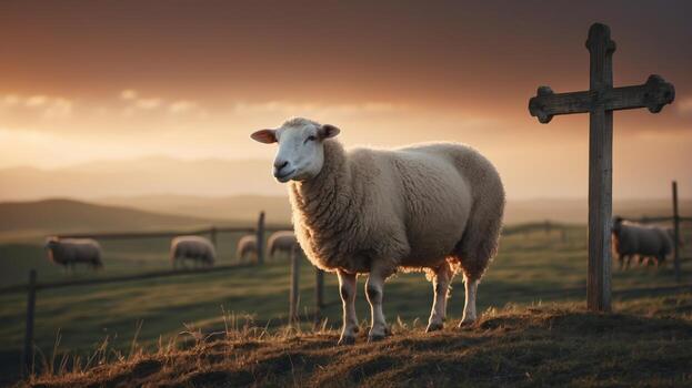 A cross is in the middle of a field with a sheep standing in front of it. photo