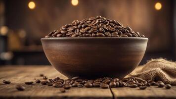 Bowl of coffee beans on rustic table with burlap sacks. photo