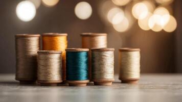 Beige thread spools on table with blurred background empty space. photo