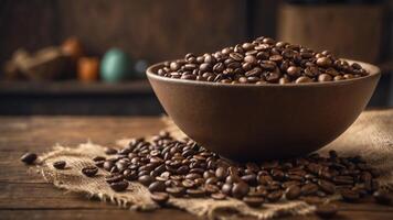 Bowl of coffee beans on rustic table with burlap sacks. photo