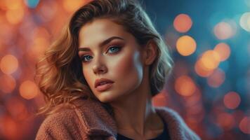 Beautiful model in a stylized background with copy space. photo