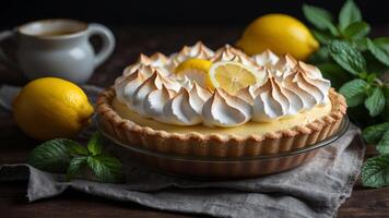 Lemon meringue pie with fresh lemons and mint. photo
