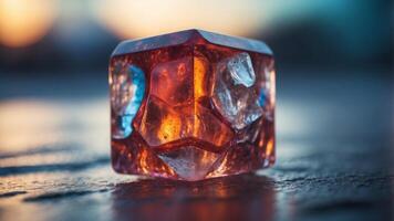 A cube of ice with a liquid inside of it. photo