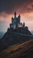 A dark and gloomy scene with a castle in the background. photo
