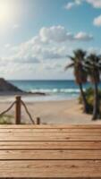 Empty wooden table for display or product showcase with blurry beach background scene. photo