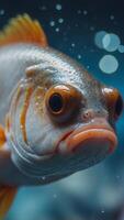A fish with a blue eye is shown in a close up. photo