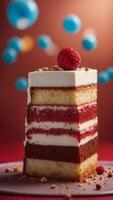 A piece of cake is cut in half and placed on a red background. photo