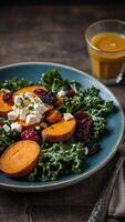 Indulge in a salad symphony featuring roasted sweet potato, vibrant kale, tangy goat cheese, and a medley of sweet and chewy dried fruits. photo