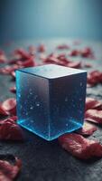 A blue cube is placed on top of a white cube. photo