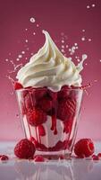 Raspberry dessert with dramatic splash of cream and vibrant pink background. photo