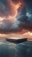 A marble platform dramatically floating in a tumultuous cloud filled sky during a powerful thunderstorm Bright flashes of lightning illuminate the scene. photo