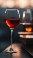 A glass of wine is sitting on a table with a blurry background. photo