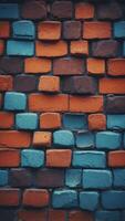 A colorful brick wall with a blue background. photo