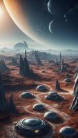 Lunar base with futuristic buildings and the Earth in the starry sky. photo