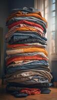 A pile of clothes is stacked placed on top of each other within a room. photo