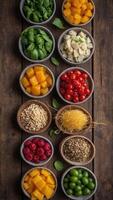 Assorted Fresh Ingredients on Rustic Wooden Table. photo