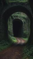 A dark tunnel within the middle of a lush green forest. photo