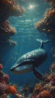 New Nostalgia vintage whale endangered species concept whale with rococo wallpaper on its shell swimming in deep ocean background. photo