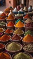 An array of colorful spices are on display at a bustling Moroccan market in Marrakech, inviting visitors to explore the rich culinary traditions of Morocco. photo