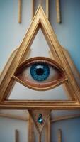 A triangular eye with a blue pupil is surrounded by a gold frame. photo