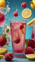 Refreshing Raspberry Lemonade With Splashing Fruity Ingredients in Bright Colors. photo