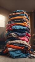 A pile of clothes is stacked placed on top of each other within a room. photo