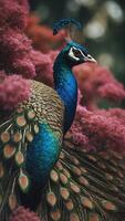 A peacock wearing a bow tie standing in front of a bush. photo