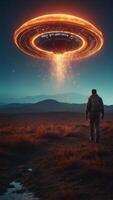 dystopian vision of the future with fires burning in the night next to a rundown nature with an alien spaceship about to land. photo