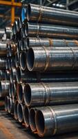 Closeup of Stacked Steel Pipes in a Factory. photo
