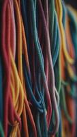 A row of colorful cords are displayed in a store. photo