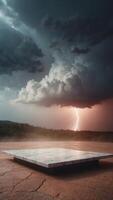 A marble platform dramatically floating in a tumultuous cloud filled sky during a powerful thunderstorm Bright flashes of lightning illuminate the scene. photo