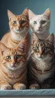 A drawing of four cats with one of them being a kitten. photo
