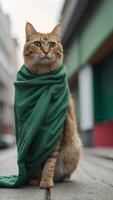 A cat is wearing a green blanket and standing in front of a building. photo