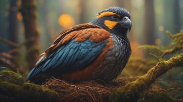 A large bird sitting on top of a nest in a forest. photo