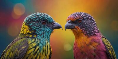 two birds wearing sunglasses in front of a colorful background. photo
