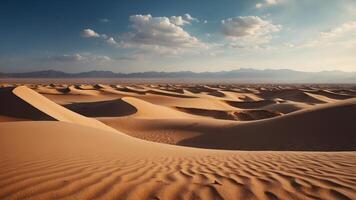 Vast Desert Landscape Showcasing Intricate Sand Dunes Under Clear Blue Sky. photo