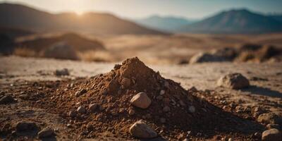 A pile of dirt with a large rock in the middle. photo