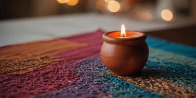 A small clay pot with a candle inside is sitting on a colorful tablecloth. photo
