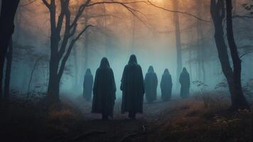 Haunting specters emerging from the mists of a bewitched forest under the moonlight. photo