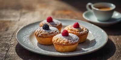 A plate of four small pastries with sugar sprinkled on top. photo