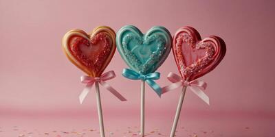 Lollipop hearts on a stick with ribbons on a pink background. photo