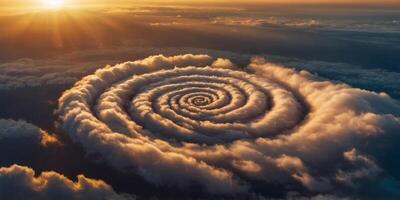 A spiral of clouds with a golden light at the top. photo