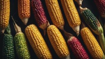 A bunch of corn with different colored kernels. photo