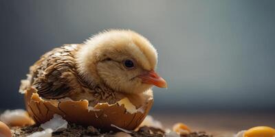 lady teddy chick emerging from a cracked eggshell. photo