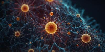 Microscopic View of Complex Cellular Structures on Dark Gradient Background with Copy Space. photo