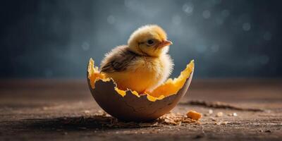 lady teddy chick emerging from a cracked eggshell. photo