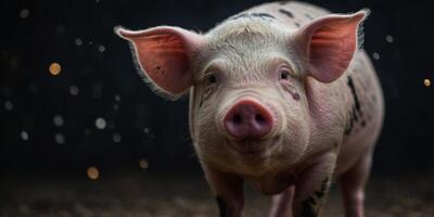 A pig with a pink nose and a black background. photo