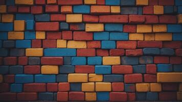 A colorful wall made of blocks with a blue and red brick in the middle. photo